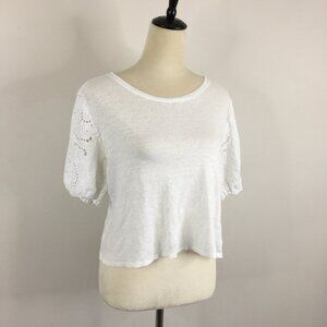 PAIGE White 100% Linen Body Cotton Eyelet Perforate Short Sleeve Shirt